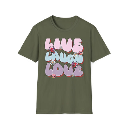 Vibrant Retro Live Laugh Love T-Shirt | Groovy Hearts & Smiley Faces Tee for Positive Vibes