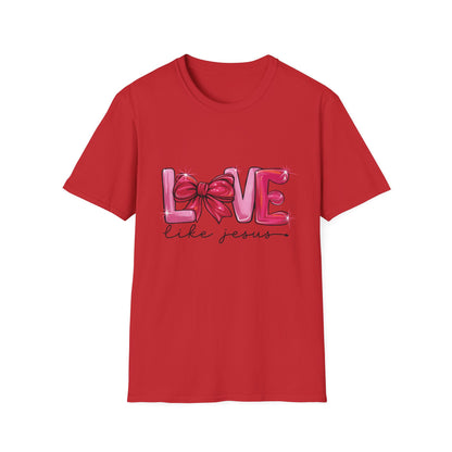 Sparkling LOVE Like Jesus T-Shirt | Vibrant Pink Bow Faith Tee | Women's Christian Inspirational Gift