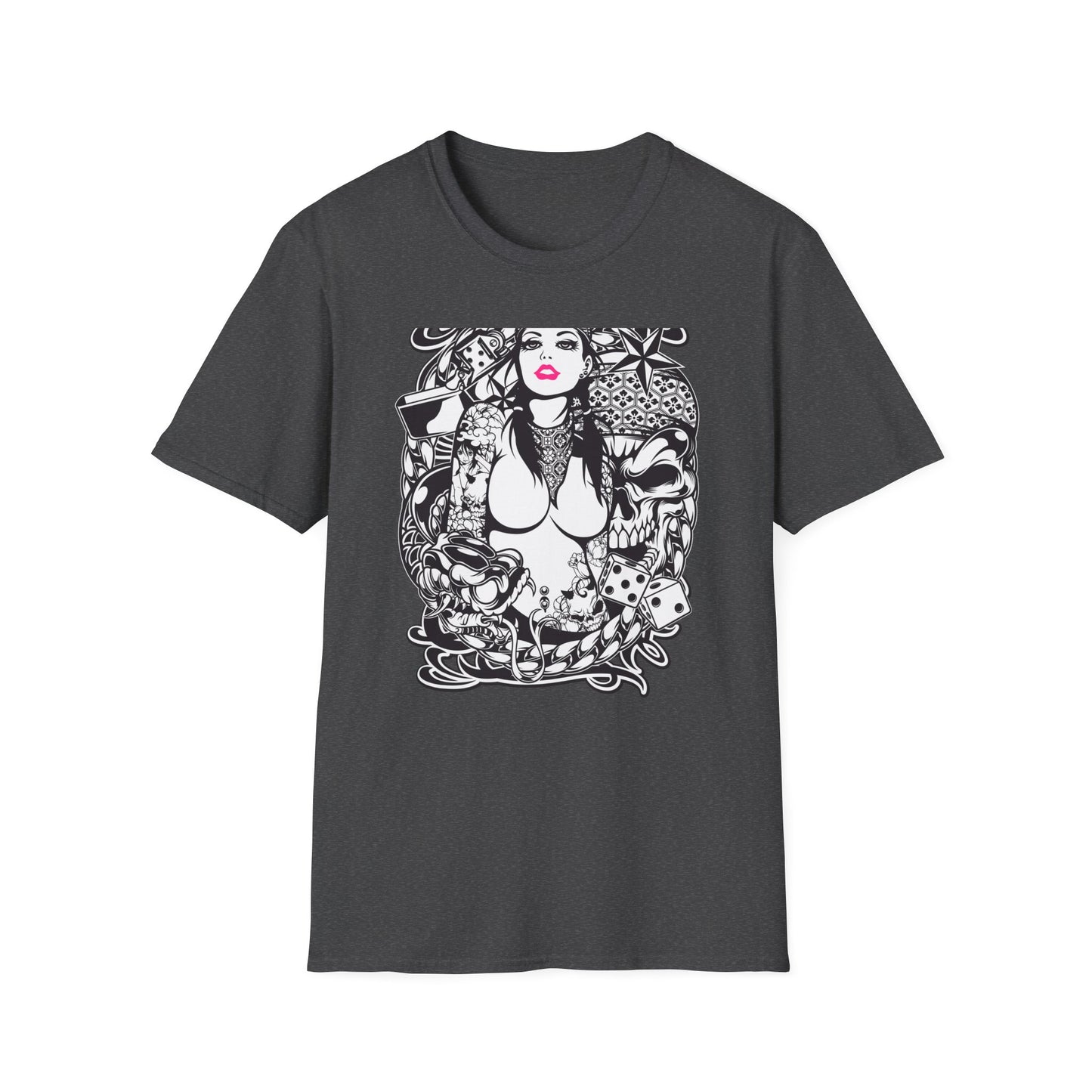 Bold Tattoo Girl & Skull Graphic T-Shirt | Edgy Urban Streetwear | Dice & Star Statement Tee - Unleash Your Rebel Style!