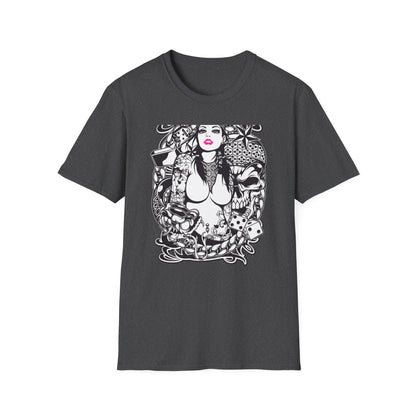 Bold Tattoo Girl & Skull Graphic T-Shirt | Edgy Urban Streetwear | Dice & Star Statement Tee - Unleash Your Rebel Style!