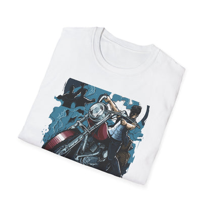 Epic Zombie Apocalypse Hunter T-Shirt - Fearless Biker Survival Horror Tee for Gamers & Fans - Thrilling Crossbow Rider Design