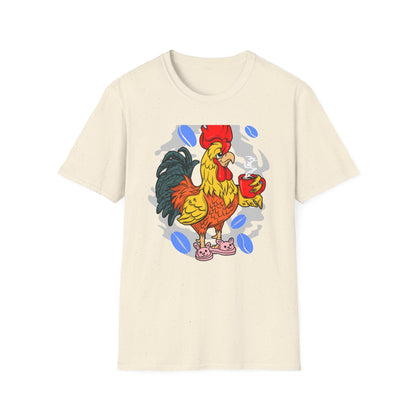 Hilarious Coffee Rooster T-Shirt for Early Birds & Coffee Lovers | Charming Morning Wake-Up Tee with Bunny Slippers | Unique Gift