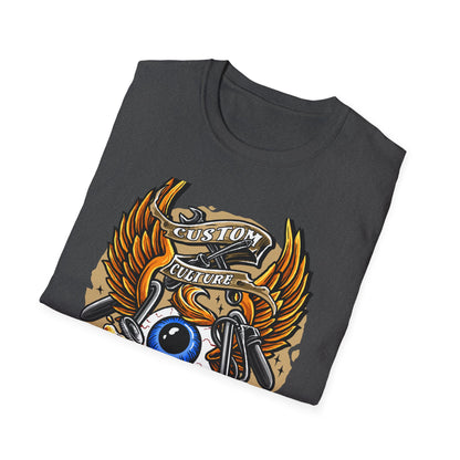 Epic Custom Culture T-Shirt | Bold Flaming Eye & Biker Wings Design | Unleash Your Rebel Spirit - Hot Rod Tee
