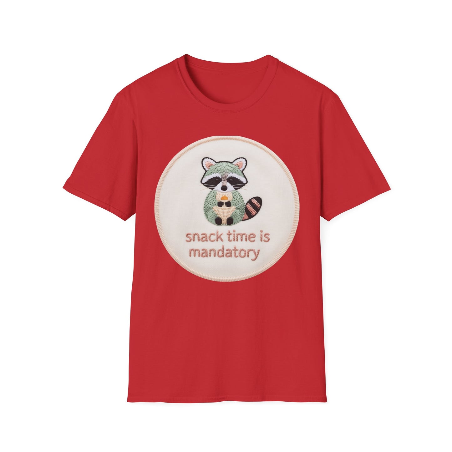 Charming Embroidered Raccoon T-Shirt - "Snack Time Is Mandatory" Cute Animal Lover & Foodie Tee