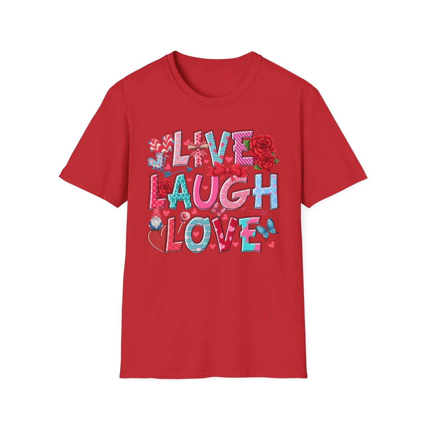 Ultimate Live Laugh Love T-Shirt | Charming Valentine's Gnome & Rose Heart Tee | Expressive Gift for Her