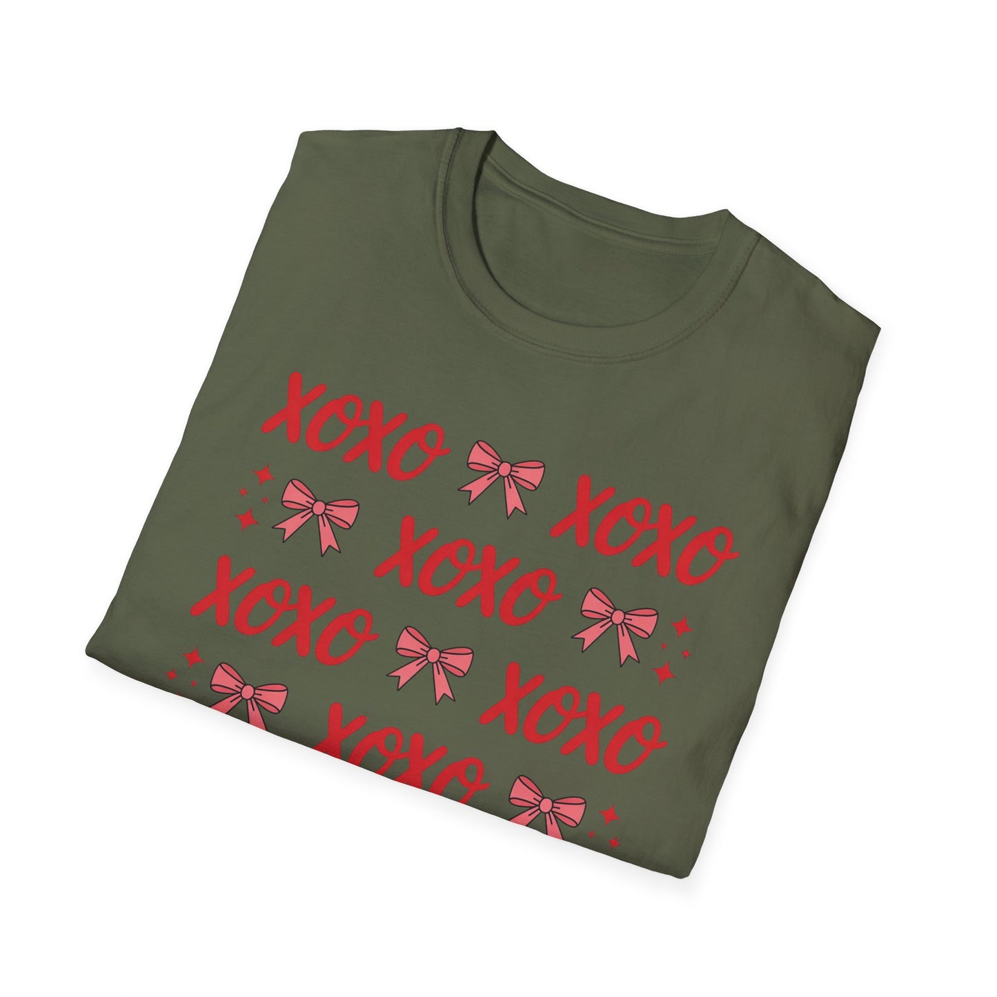 Adorable XOXO Bows & Sparkles T-Shirt | Sweet Hugs & Kisses Valentine's Day Tee for Women | Charming Romantic Gift