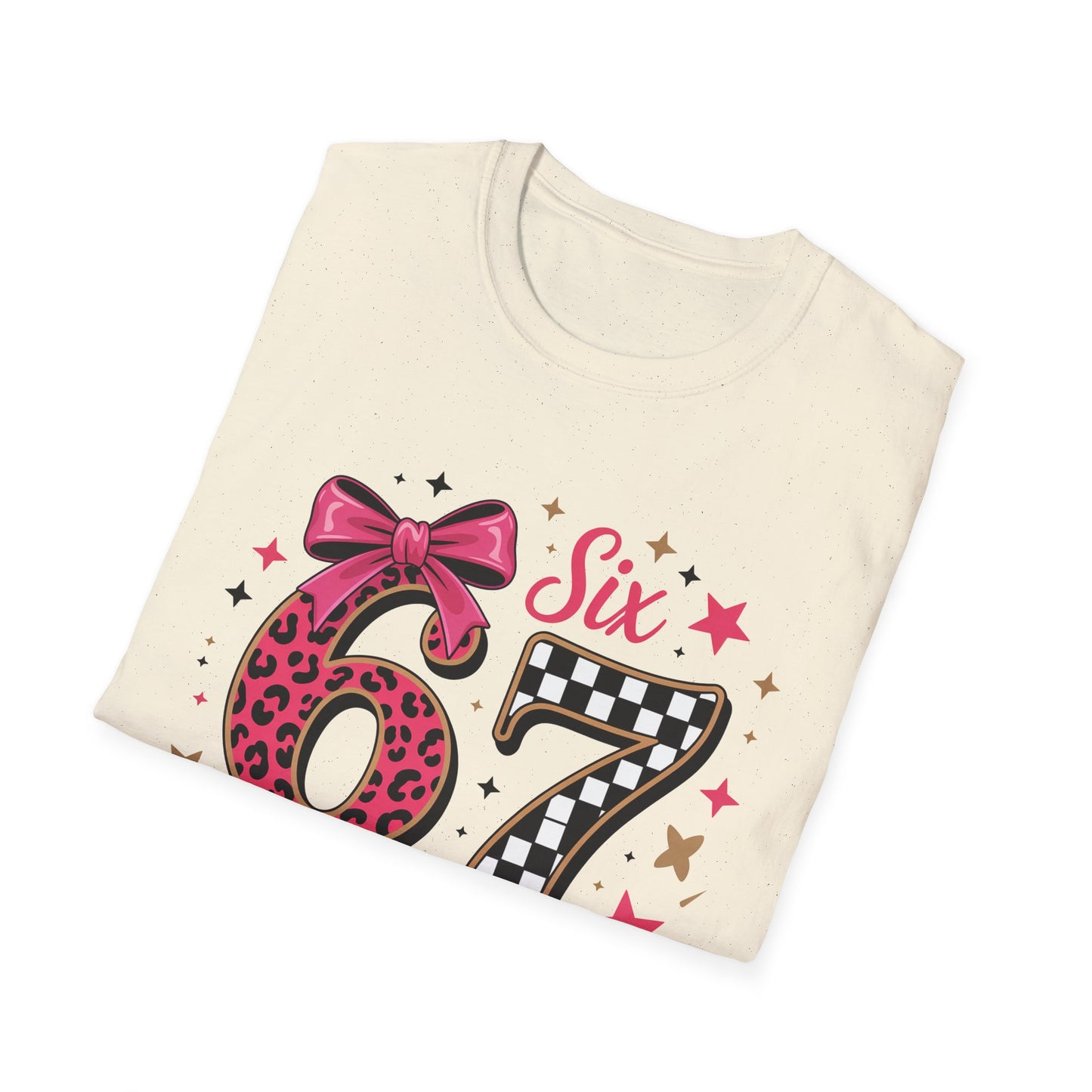 Glam Six & Seven Birthday T-Shirt for Girls | Trendy Pink Leopard Print 6 & 7 Kids Party Tee with Checkerboard & Sparkly Bow