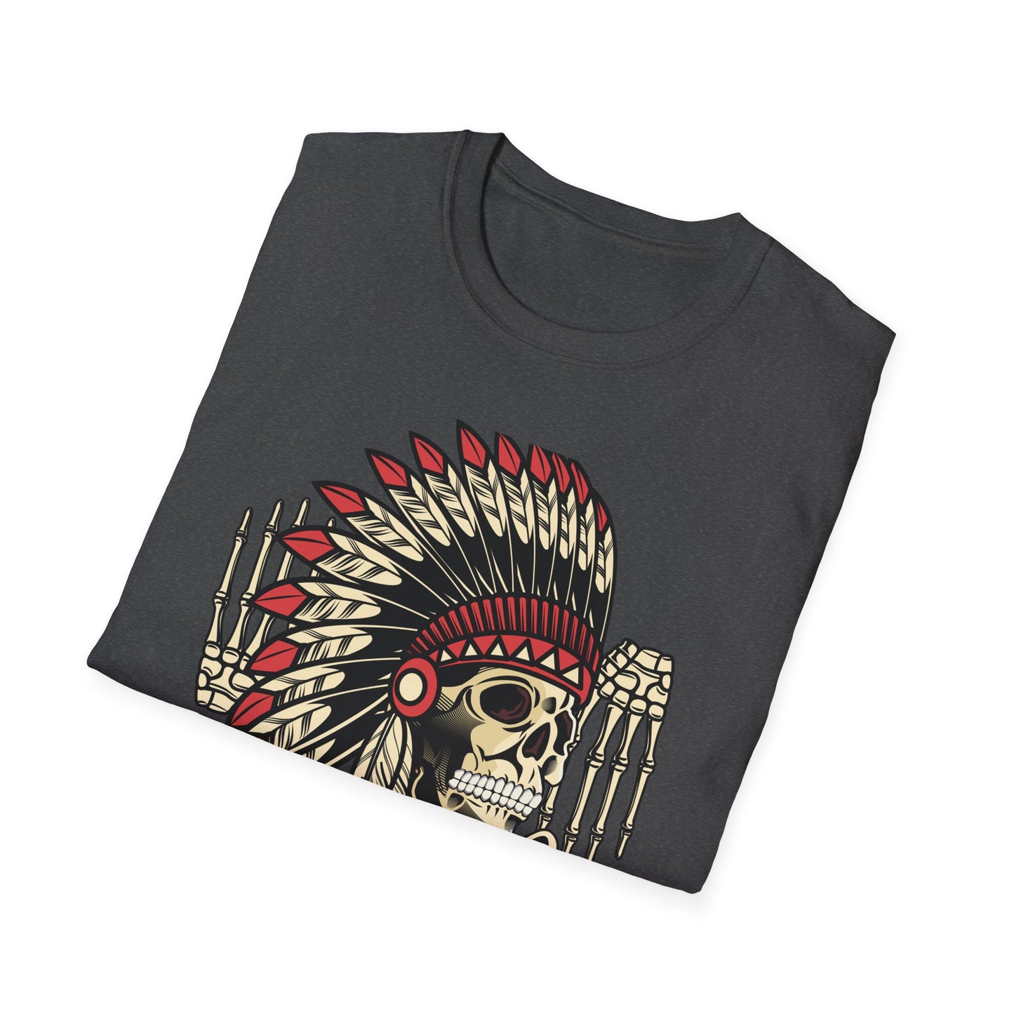 Striking Native Chief Skull Headdress T-Shirt - Unique Gothic Biker Tattoo Art Apparel for Rebel Souls