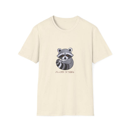 Adorable 'Powered By Snack' Raccoon T-Shirt - Hilarious Animal Lover Tee for Cozy Comfort & Snack Enthusiasts. Must-Have Gift!