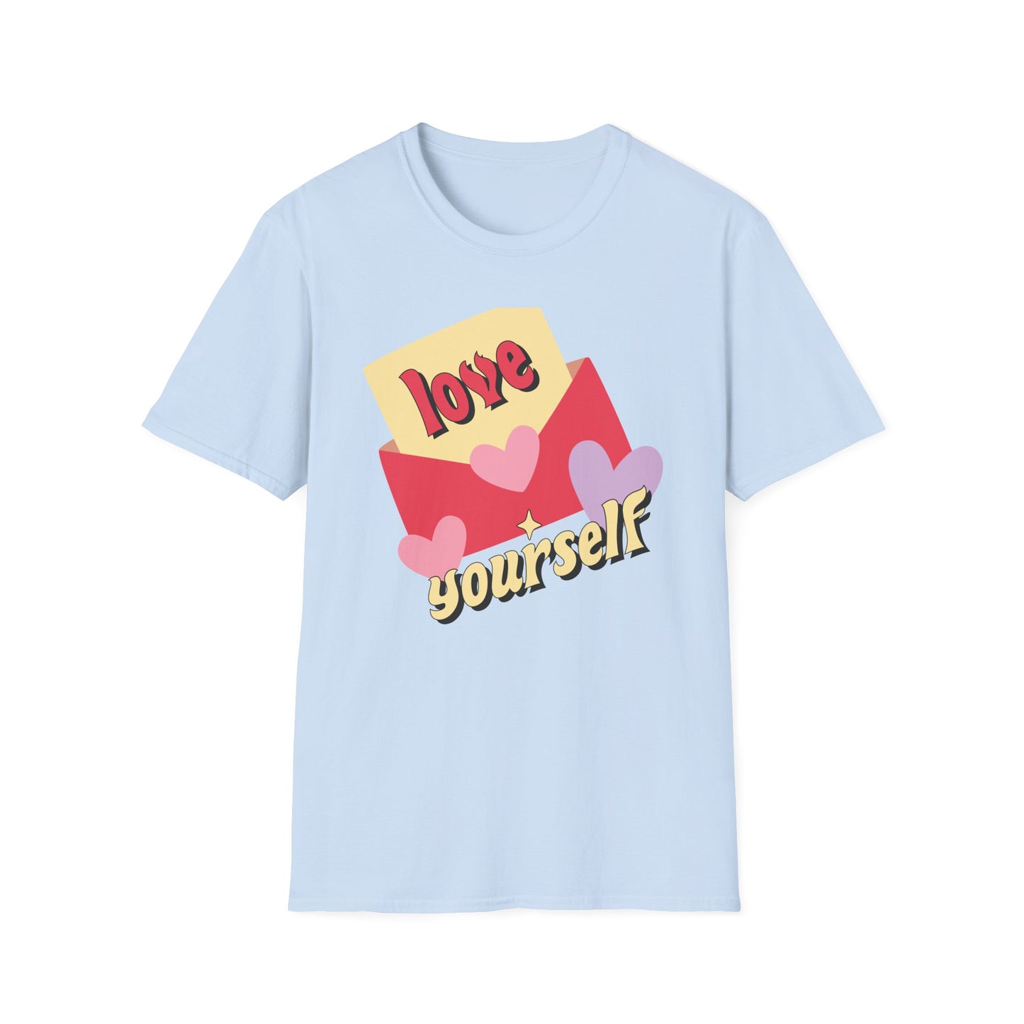 Empowering "Love Yourself" Retro T-Shirt | Chic Self-Care Message Tee | Adorable Hearts & Love Letter Design for Women