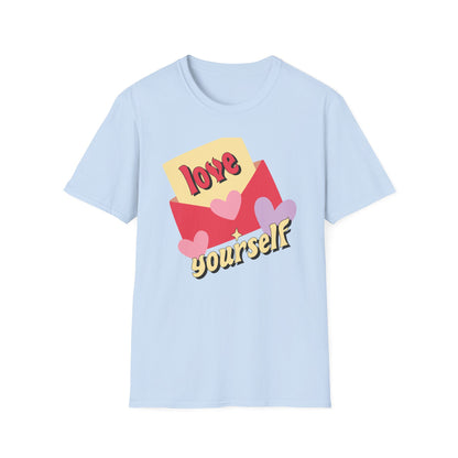 Empowering "Love Yourself" Retro T-Shirt | Chic Self-Care Message Tee | Adorable Hearts & Love Letter Design for Women