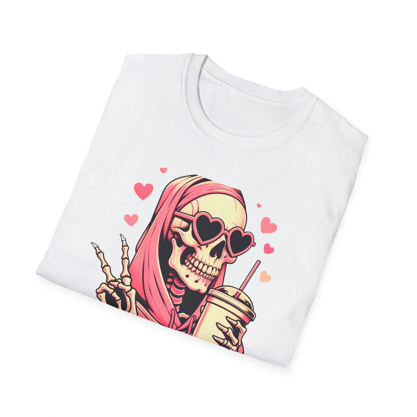 Trendy Pink Skeleton T-Shirt: Chill Vibes, Heart Sunglasses & Peace Sign Tee – Spooky Cute Aesthetic for Women & Teens