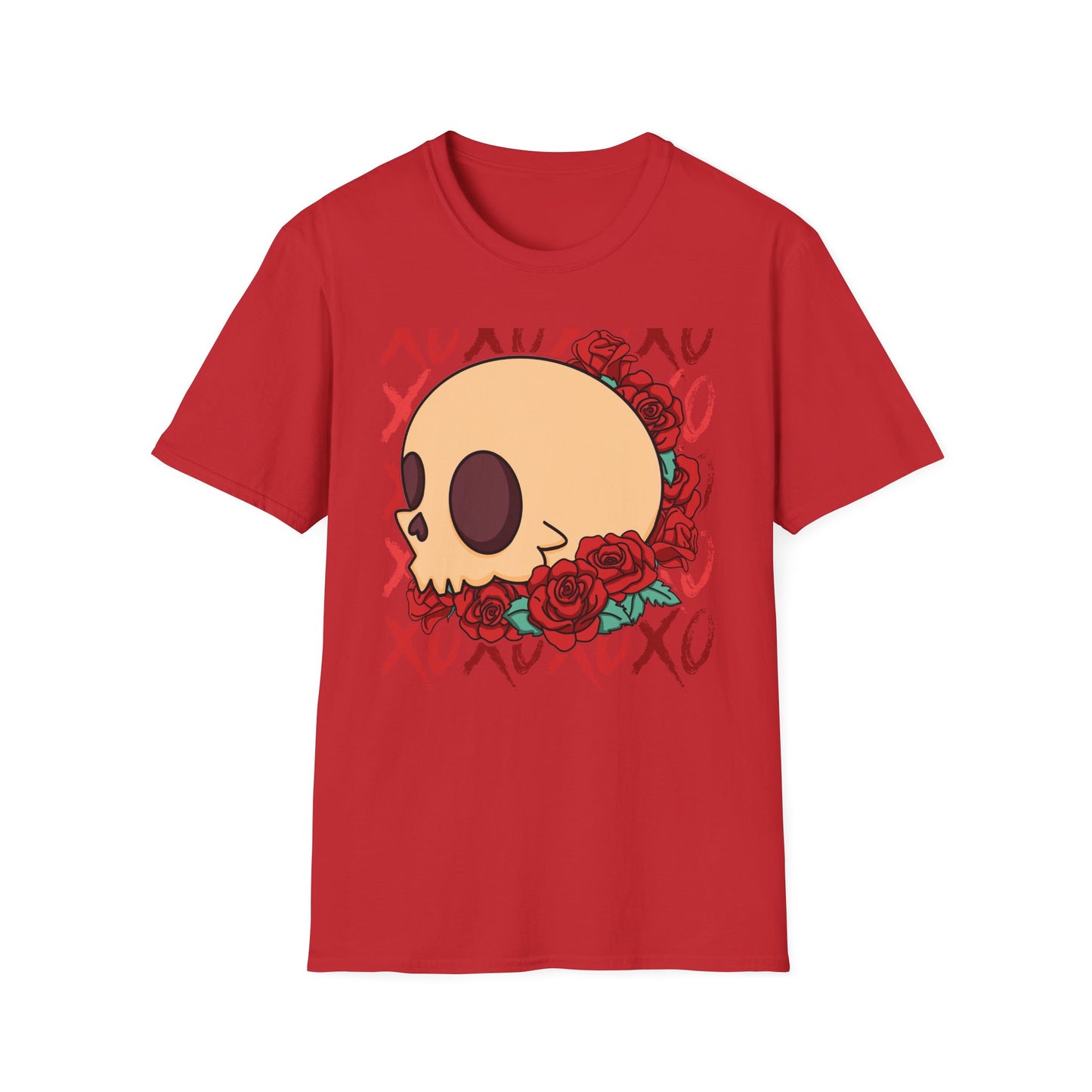 Charming XOXO Skull & Roses T-Shirt | Sweet Gothic Love Tee | Unique Edgy Romantic Print-on-Demand Apparel Gift