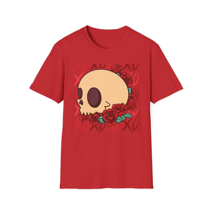 Charming XOXO Skull & Roses T-Shirt | Sweet Gothic Love Tee | Unique Edgy Romantic Print-on-Demand Apparel Gift