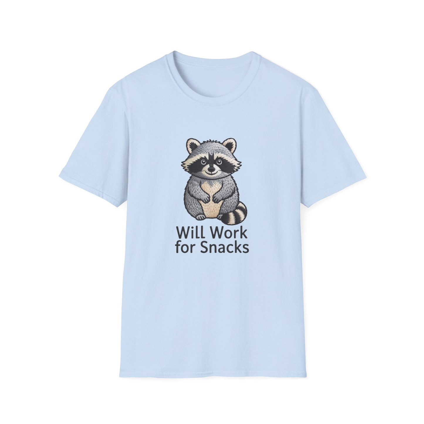 Hilarious "Will Work for Snacks" Raccoon T-Shirt - Adorable Embroidered Look Tee for Animal & Food Lovers! Must-Have Funny Gift