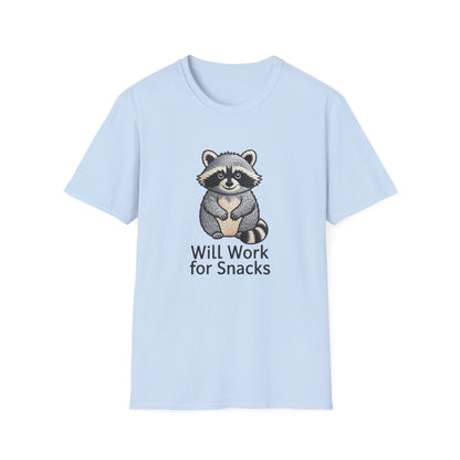 Hilarious "Will Work for Snacks" Raccoon T-Shirt - Adorable Embroidered Look Tee for Animal & Food Lovers! Must-Have Funny Gift