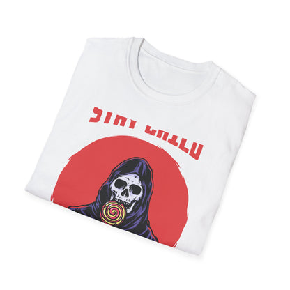 Stay Child Grim Reaper Lollipop T-Shirt | Edgy Skeleton Tee for Dark Humor & Inner Child | Unique & Vibrant Fun