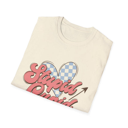 Stupid Cupid Retro T-Shirt | Groovy Checkerboard Heart Anti-Valentine's Day Tee | Awesome Sarcastic Love Shirt Gift