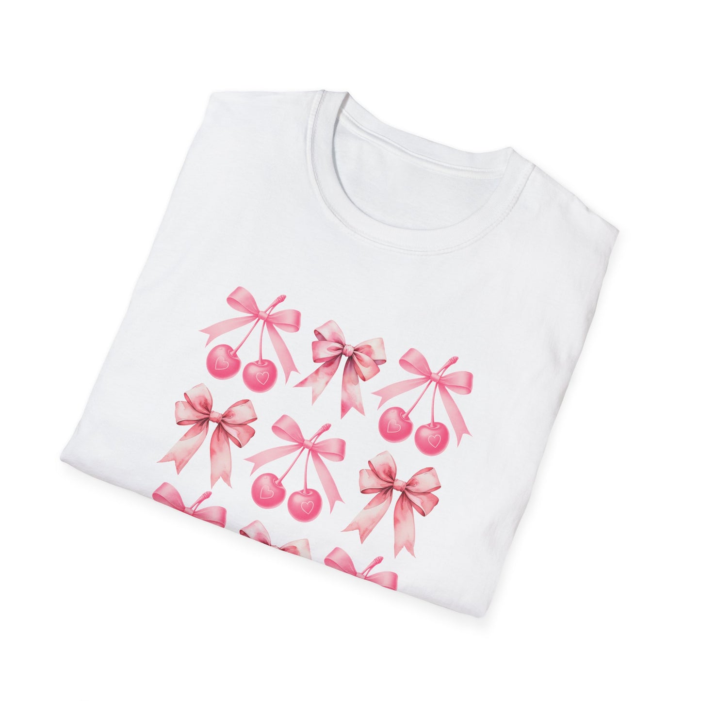 Chic Pink Bow & Cherry Heart T-Shirt | Adorable Coquette Aesthetic Tee | Sweet Girly Fashion Top for Women & Teens