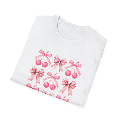 Chic Pink Bow & Cherry Heart T-Shirt | Adorable Coquette Aesthetic Tee | Sweet Girly Fashion Top for Women & Teens