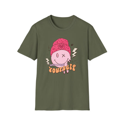 Trendy Groovy Melting Smiley T-Shirt - Empowering 'Love & Treat Yourself' Retro Self-Care Tee for Women