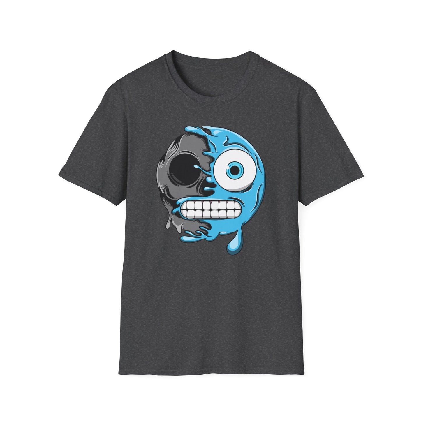 Epic Melting Skull & Blue Cartoon Split Face T-Shirt | Unique Edgy Graphic Tee for Streetwear & Art Lovers