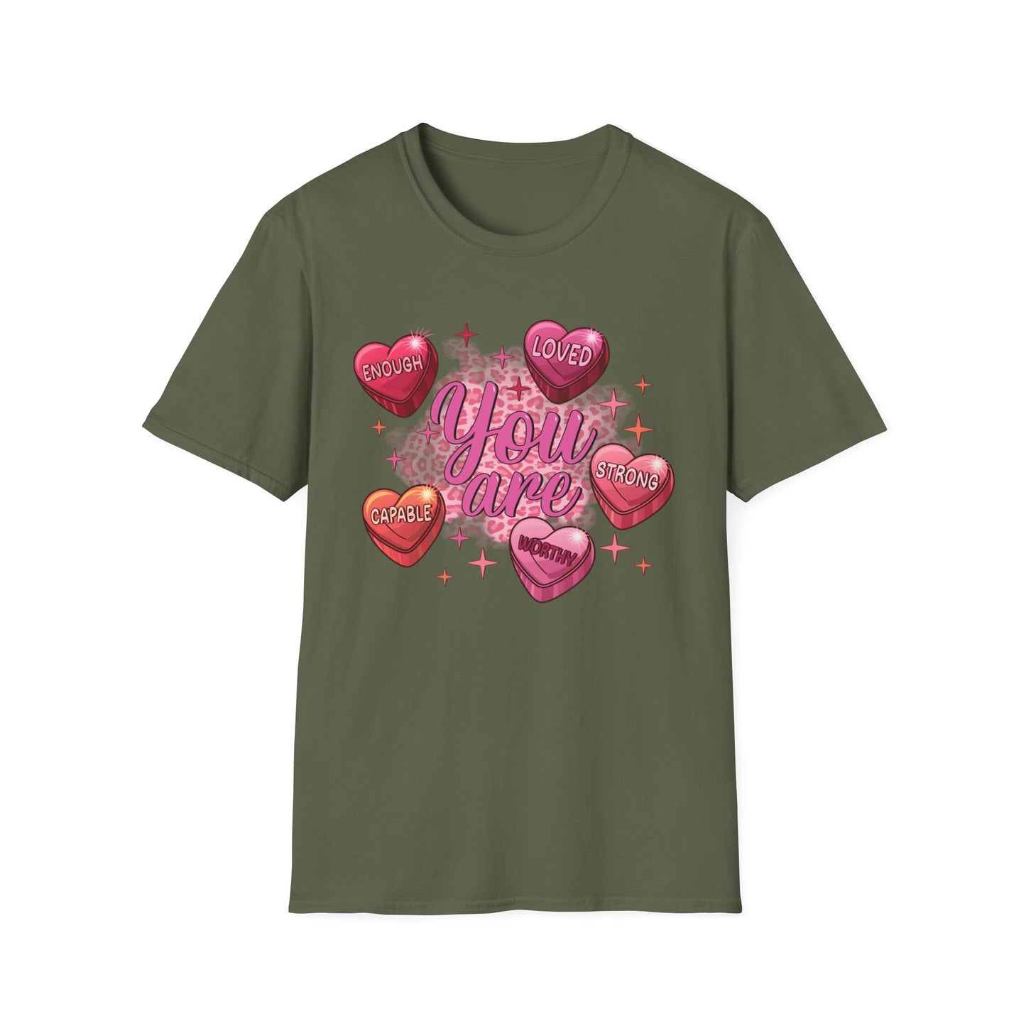 Vibrant 'You Are' Empowering T-Shirt | Self-Love Conversation Hearts & Leopard Print Tee for Women & Girls | Positive Affirmation Gift