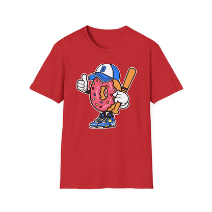 Epic Donut Baseball Player T-Shirt | Fun Sprinkle Drip Tee | Cool Cartoon Mascot Streetwear | Unique Foodie & Sports Fan Graphic Tee