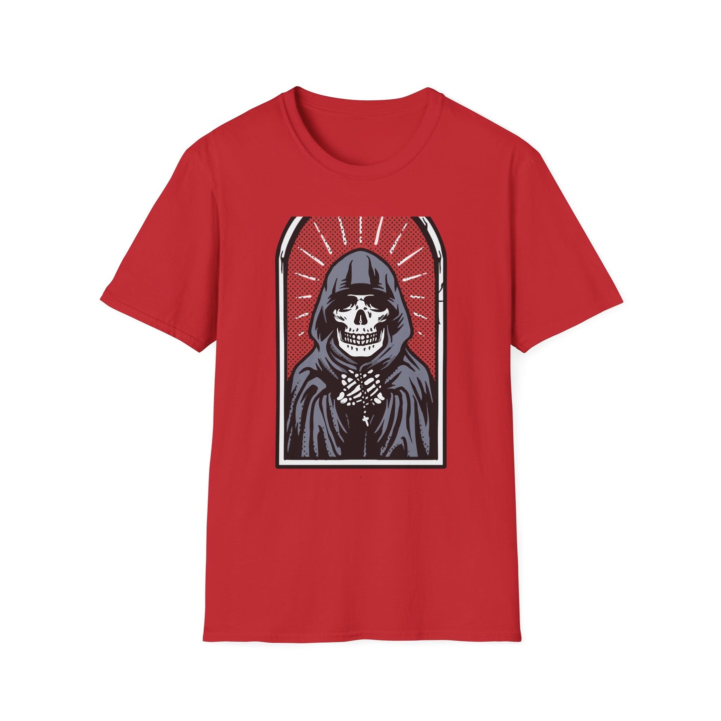 Bold Pop Art Skeleton T-Shirt: Hooded Grim Reaper with Rosary - Unique Gothic Alt Style Tee