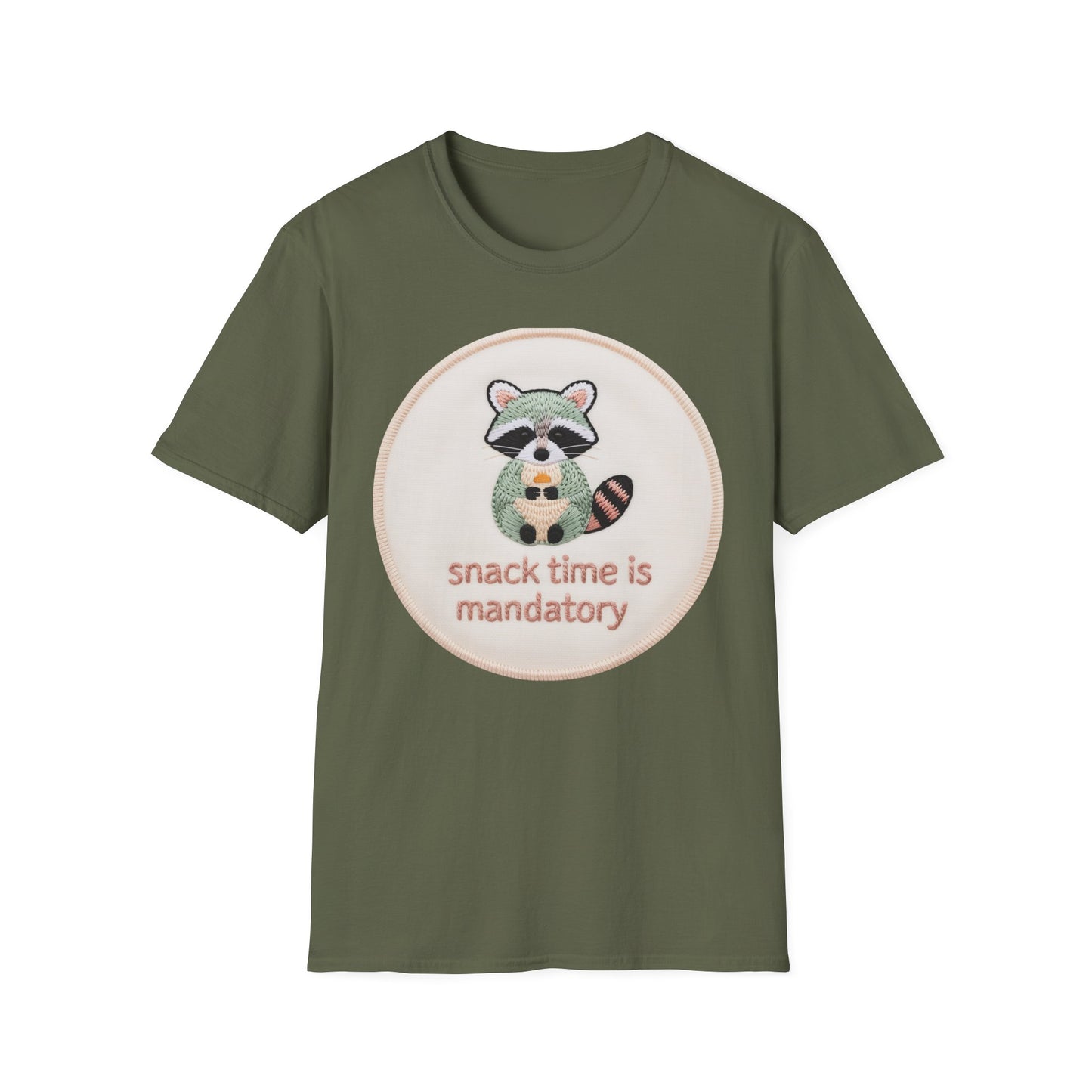 Charming Embroidered Raccoon T-Shirt - "Snack Time Is Mandatory" Cute Animal Lover & Foodie Tee