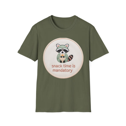 Charming Embroidered Raccoon T-Shirt - "Snack Time Is Mandatory" Cute Animal Lover & Foodie Tee