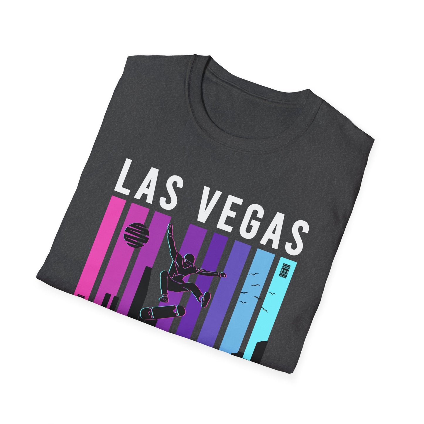 Dynamic Neon Skater T-Shirt | Urban City Skyline Streetwear Tee | Vibrant Skateboarding Style Apparel for All