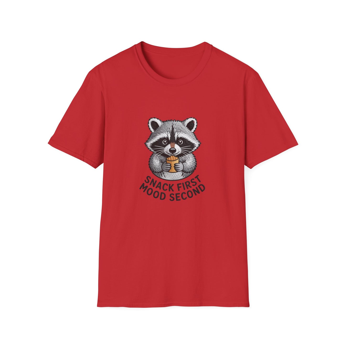 Epic Raccoon Snack T-Shirt | Funny 'Snack First Mood Second' French Fry Lover Tee | Adorable Animal Graphic Gift