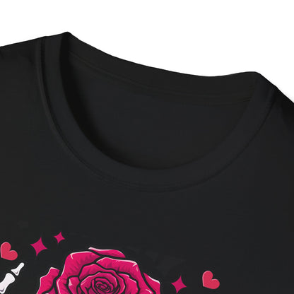 Spooky Sweet Valentine's T-Shirt: Skeleton Hands Holding Pink Rose & Heart - Unique Gothic Love Tee Gift
