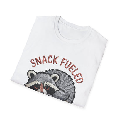 Adorable "Snack Fueled" Raccoon T-Shirt | Funny Embroidered Wildlife Tee for Animal Lovers | Cute & Cozy Gift