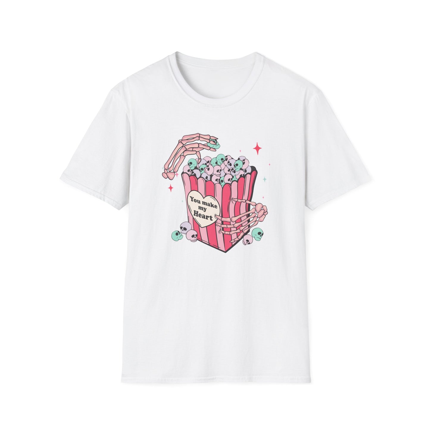 Spooky-Cute 'You Make My Heart' Skull Popcorn T-Shirt - Pastel Goth Love Tee Gift