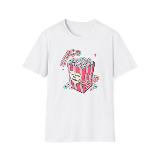 Spooky-Cute 'You Make My Heart' Skull Popcorn T-Shirt - Pastel Goth Love Tee Gift