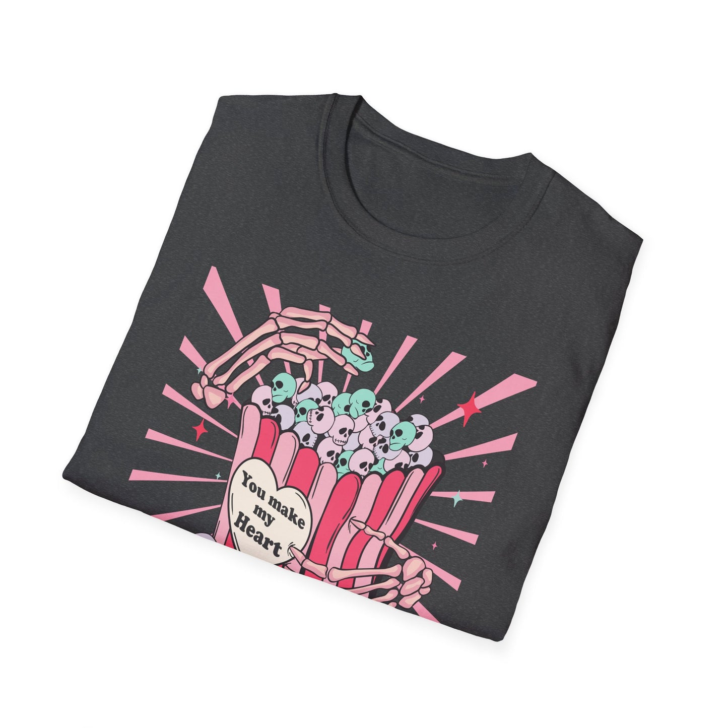 Spooky Sweet Skeleton 'You Make My Heart' T-Shirt | Pastel Goth Skull Popcorn Tee | Edgy Valentine's Day Gift for Unique Love