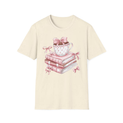 Cozy Pink Books & Teacup T-Shirt | Aesthetic Book Lover Gift | Delightful Reader Style Top