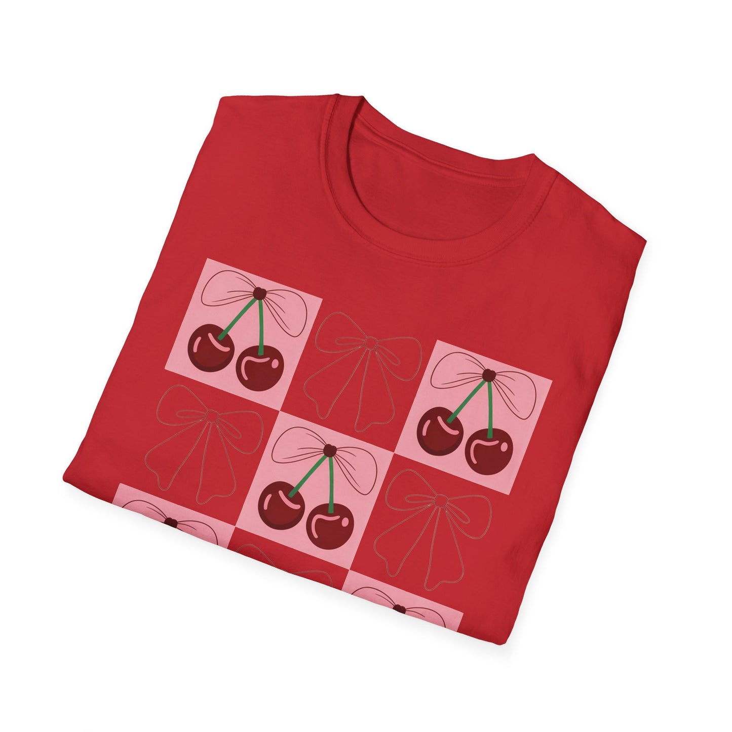 Charming Coquette Cherry Bow T-Shirt | Sweet Pink Aesthetic & Trendy Fruit Pattern Tee for Women