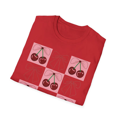 Charming Coquette Cherry Bow T-Shirt | Sweet Pink Aesthetic & Trendy Fruit Pattern Tee for Women