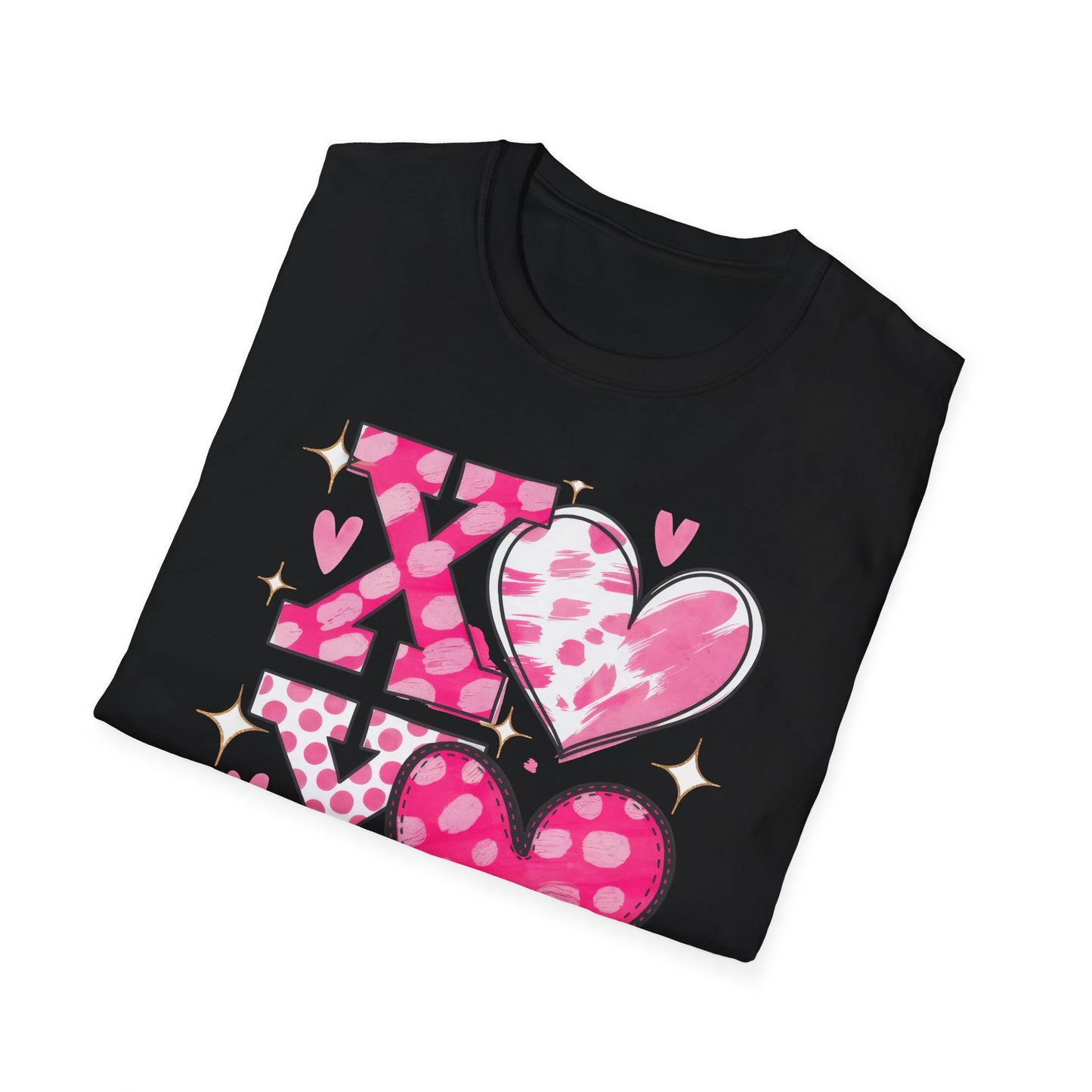 Sparkling XOXO Love Hearts T-Shirt | Chic Pink Polka Dot & Brushstroke Tee | Perfect Valentine's Day & Everyday Wear