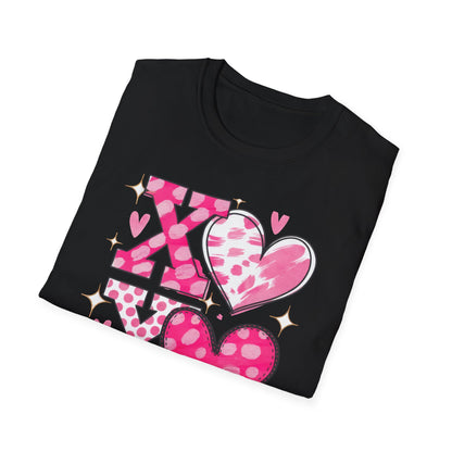Sparkling XOXO Love Hearts T-Shirt | Chic Pink Polka Dot & Brushstroke Tee | Perfect Valentine's Day & Everyday Wear
