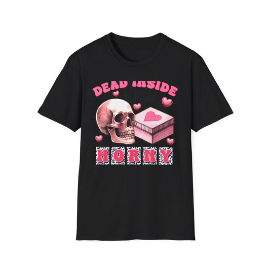 Awesome Dead Inside But Horny T-Shirt | Edgy Skull & Pink Hearts Tee | Sarcastic Valentine's Humor Gift
