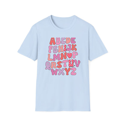 Vibrant Groovy Alphabet T-Shirt | Cute Heart Letter Retro Aesthetic Tee | Fun Teacher & Valentine's Day Gift