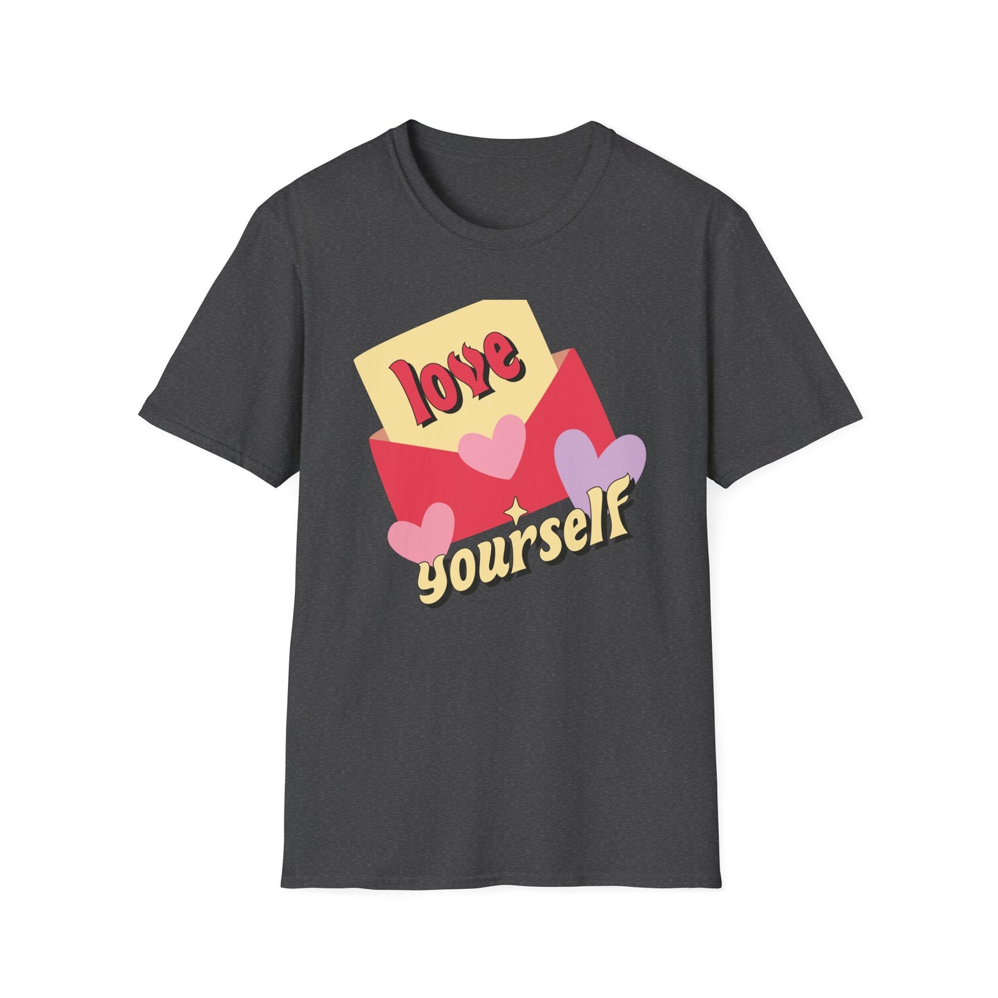 Empowering "Love Yourself" Retro T-Shirt | Chic Self-Care Message Tee | Adorable Hearts & Love Letter Design for Women