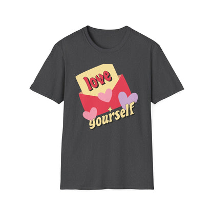 Empowering "Love Yourself" Retro T-Shirt | Chic Self-Care Message Tee | Adorable Hearts & Love Letter Design for Women