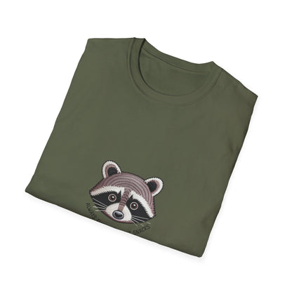 Hilarious Raccoon "Always Thinking About Snacks" Embroidered T-Shirt | Adorable Animal Lover Gift Tee