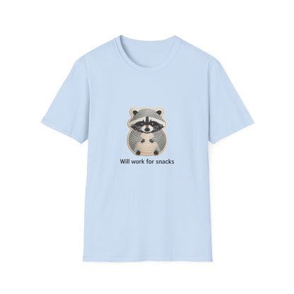 Hilarious "Will Work For Snacks" Raccoon T-Shirt | Adorable Animal Lover & Foodie Gift Tee | Cute & Comfy