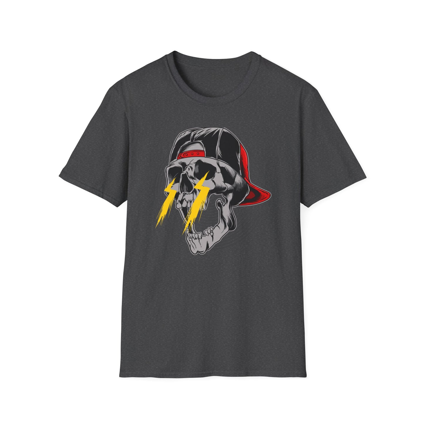 Electrifying Skull Baseball Cap T-Shirt | Edgy Urban Streetwear Tee for Rebels | Bold Graphic Design